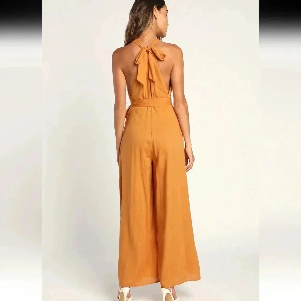 Lulus Reach for Radiance Marigold Halter Wide-Leg Jumpsuit Size M NWT - Picture 4 of 14
